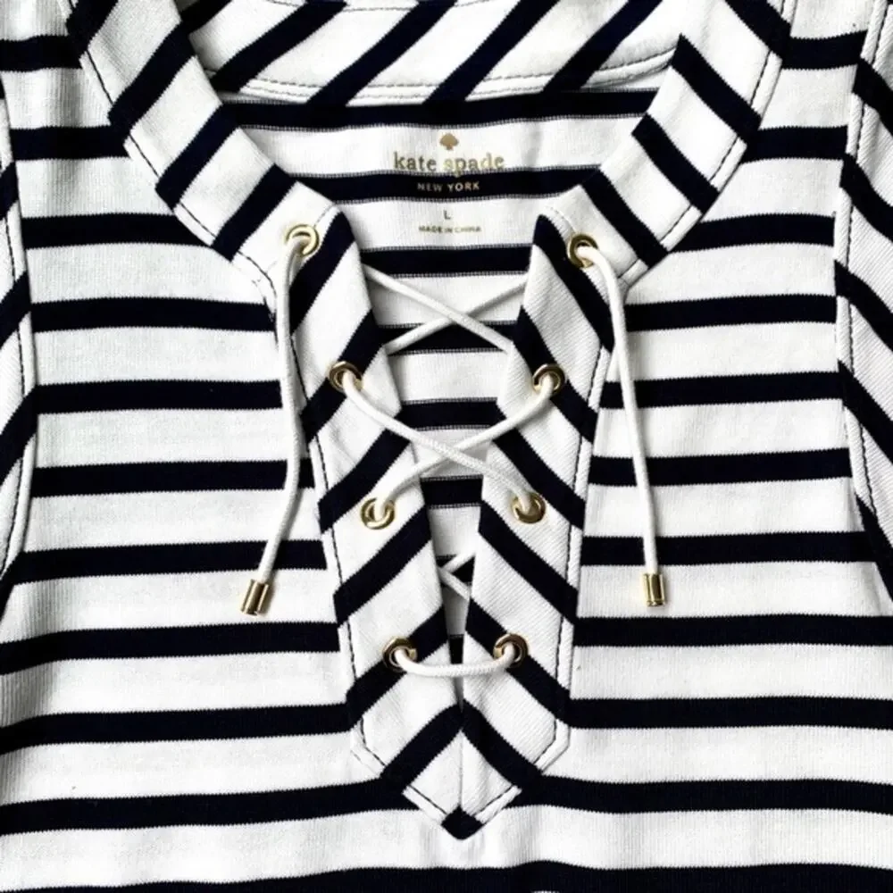 KATE SPADE Nautical Stripe Dress Size L Navy White‎ Lace Up V-Neck Mini